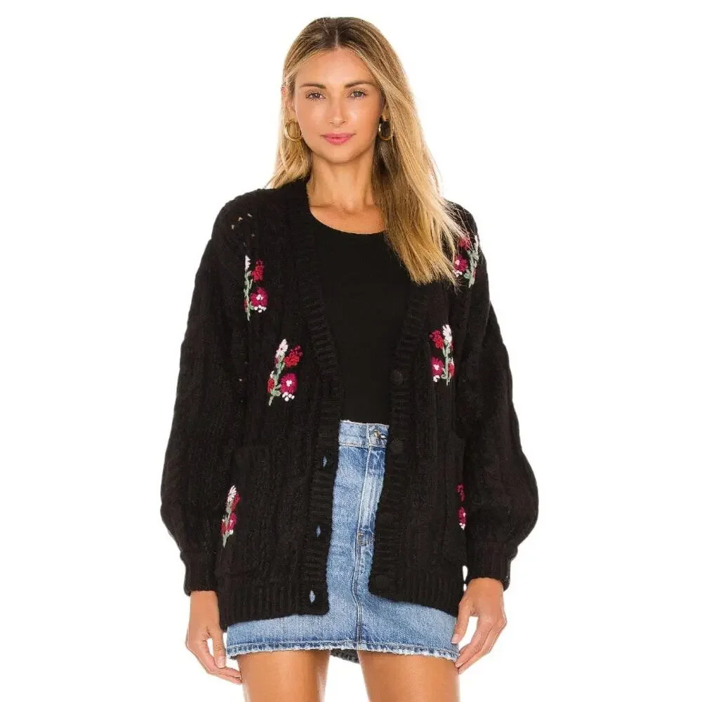 For Love & Lemons Black Amaryllis Oversized Floral Button Down Cardigan